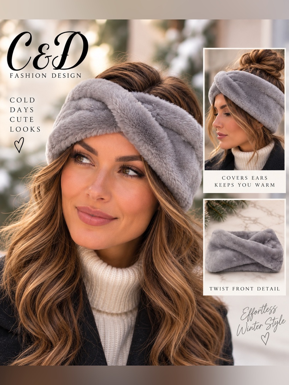 NWT C&D Fashion Design Gray Faux Fur Plush Twist Winter Ear Warmer Headband